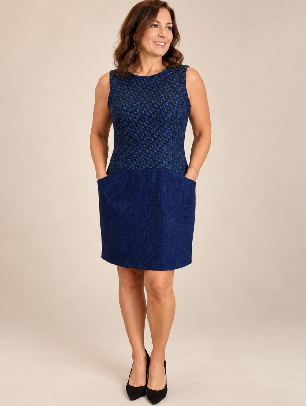 Boden x Abraham Moon British Tweed Wool Geometric Panel Sheath Dress - Blue - 14